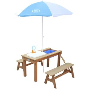 AXI Dennis water Picnic Table with Play Kitchen Sink And Benches Brown/Parasol Blue/White Kitchen Set and Sand 97.5 W cm