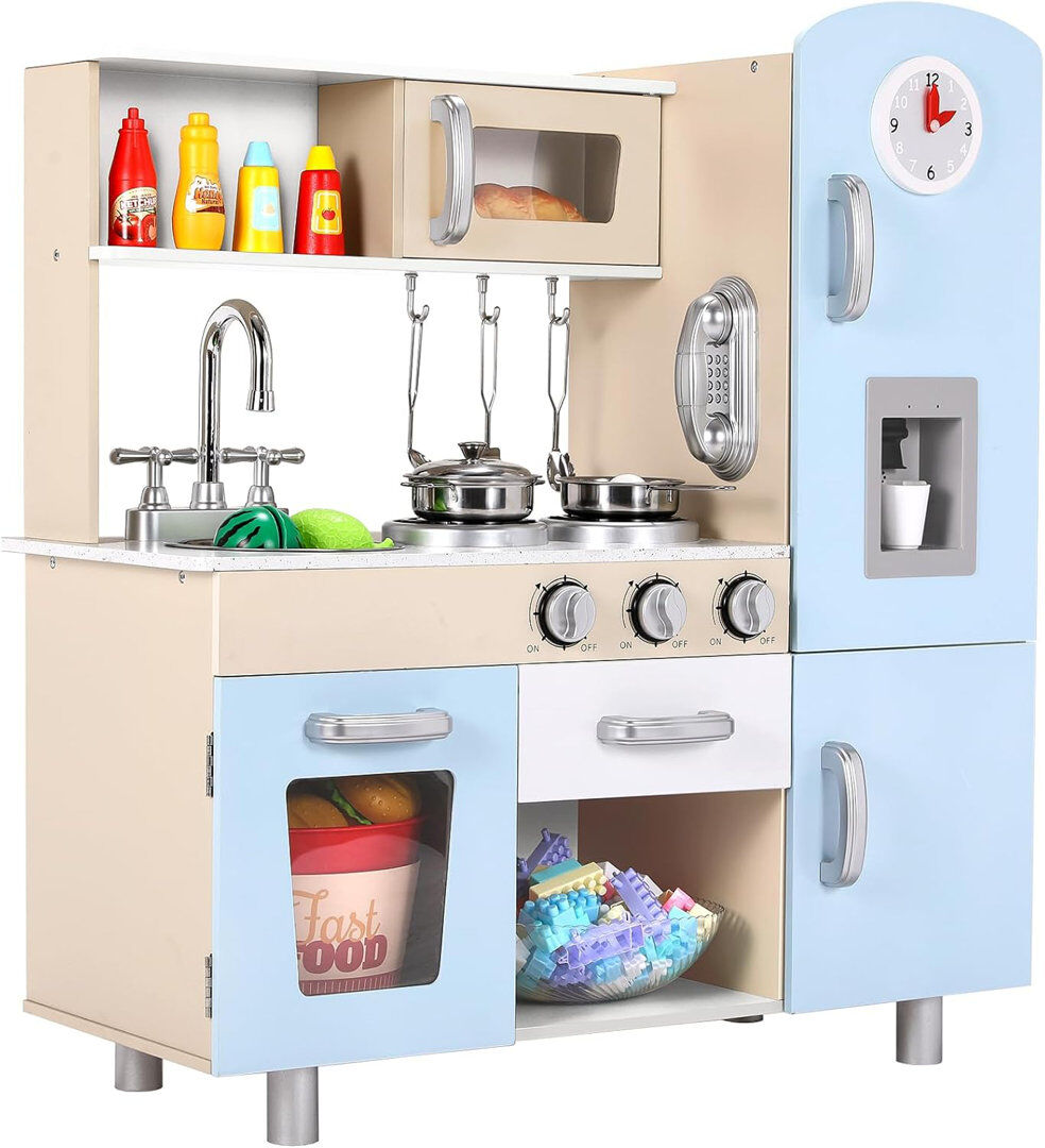 Freeport Park Play Kitchen with Light and Sound, Children's Wooden Kitchen, Doll's Kitchen with Stove, Ice Cream Maker, Telephone, Clock, Children's Kitchen with Ac Blue 81.5cm H X 74cm W X 29cm D