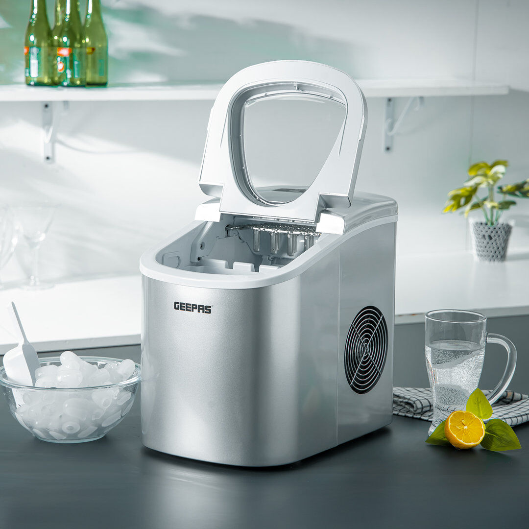 GEEPAS Compact Portable Countertop Ice Maker Machine, Two Sizes, Produces 12KG Ice in 24 Hours Silver 2.2L