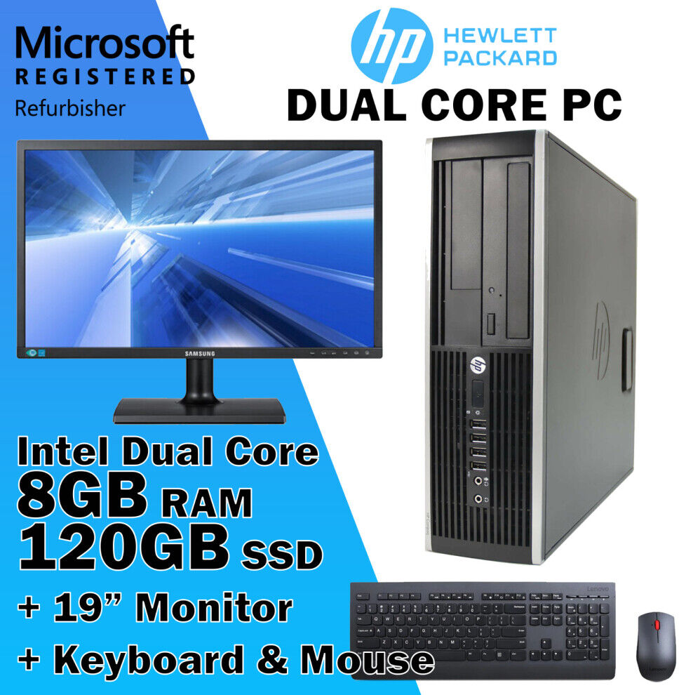 USED HP Desktop PC Computer 19" Monitor Bundle with Windows 10 Dual Core 8GB 120GB