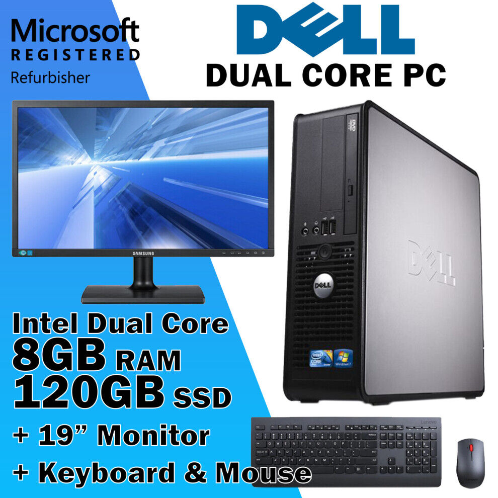 REFURBISHED DELL Desktop PC Computer 19" Monitor Bundle with Windows 10 Dual Core 8GB 120GB
