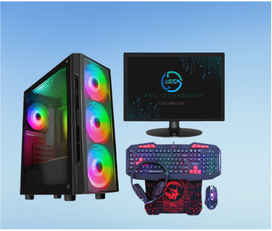 Asc Technology Gaming PC Bundle 19" Screen Quad Core i5 8GB RAM 1TB HDD Win10 GT710 RGB