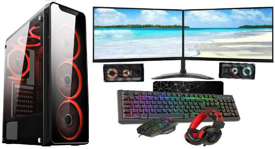 Computecit Gaming PC Core i5 16GB RAM 1TB+128GB SSD GT730 2GB 2x22 Monitor Dual Stand 6 FAN