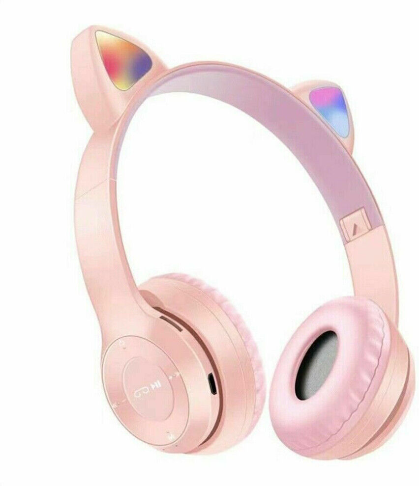 Unbranded (Pink) Kids Headphones Wireless Bluetooth Headset LED Lights Cat Ear Earphone