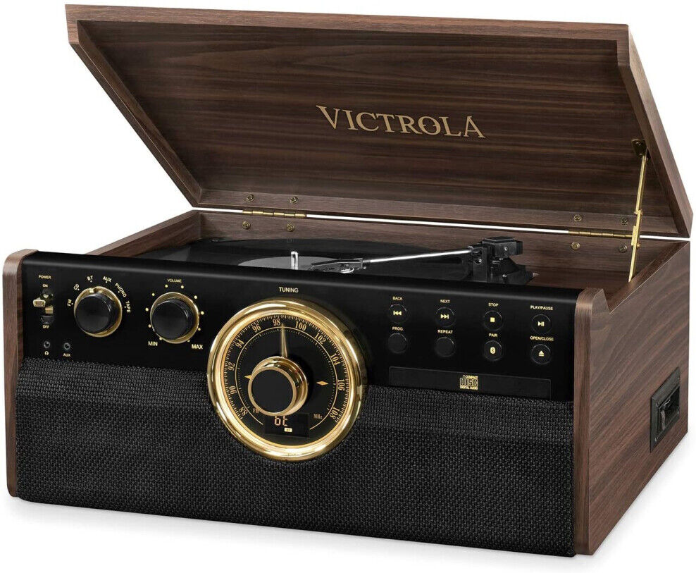 Victrola Empire 6-in-1 Wood Vintage Bluetooth Record Player with 3-Speed Turntab