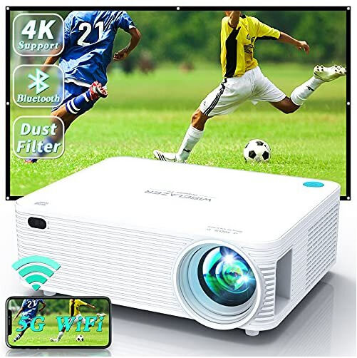 WISELAZER Video Projector 5G WiFi Bluetooth Native 1080P Support 4K, Built-in Du