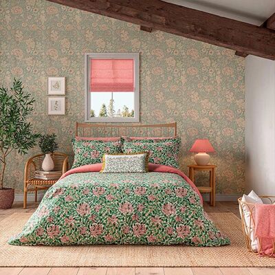 Morris & Co Honeysuckle Duvet Cover Set Super King Size Evergreen & Coral Morris & Co Honeysuckle Duvet Cover Set Super King Size Evergreen & Coral