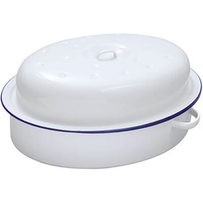 Falcon Enamel 36cm White With Cobalt Blue Rim Oval Roaster Falcon Enamel 36cm White With Cobalt Blue Rim Oval Roaster