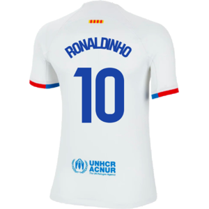 Nike 2023-2024 Barcelona Away Shirt (Kids) (Ronaldinho 10) - White - male - Size: XLB 32-35\" Chest (81.5/88.5cm) Nike 2023-2024 Barcelona Away Shirt (Kids) (Ronaldinho 10) - White - male - Size: XLB 32-35\" Chest (81.5/88.5cm)