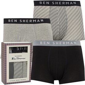 Ben Sherman Mens Holmes Three Pack Trunks Black/Grey Geo/Grey Marl Ben Sherman Mens Holmes Three Pack Trunks Black/Grey Geo/Grey Marl