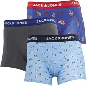 JACK AND JONES Mens Dog Trunks Three Pack Dress Blues/Grey/Blue JACK AND JONES Mens Dog Trunks Three Pack Dress Blues/Grey/Blue