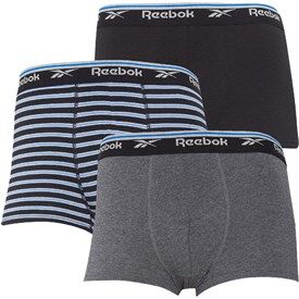 Reebok Mens Dandy Three Pack Trunks Black/Vector Blue Stripe/Charcoal Reebok Mens Dandy Three Pack Trunks Black/Vector Blue Stripe/Charcoal