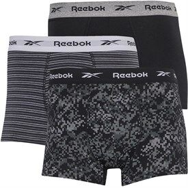 Reebok Mens Cassell Three Pack Trunks Black Print/Black/Black Stripe Reebok Mens Cassell Three Pack Trunks Black Print/Black/Black Stripe