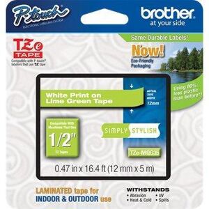 Original Brother TZEMQG35 12mm Matt Tape - White on Lime Green