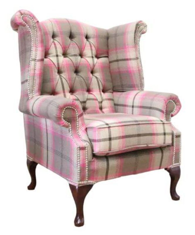 Designer Sofas 4U Chesterfield Queen Anne Wing Chair High Back Armchair Balmoral Fuchsia Checked Fabric P&amp;S