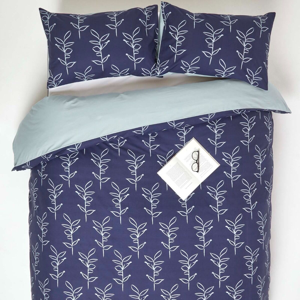 Homescapes King Blue Duvet Cover Set 200 TC Cotton Leaf Bedding