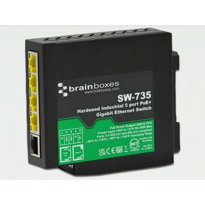 Brainboxes SW-735 Hardened Industrial 5 Port PoE+ Gigabit Ethernet - Ethernet Switch Brainboxes SW-735 Hardened Industrial 5 Port PoE+ Gigabit Ethernet - Ethernet Switch
