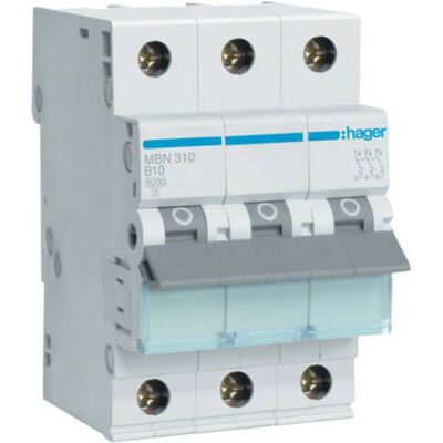 Hager MBN310 Circuit Breaker - 3 Poles, 10A, 6kA - IP20 - B-Characteristic Hager MBN310 Circuit Breaker - 3 Poles, 10A, 6kA - IP20 - B-Characteristic