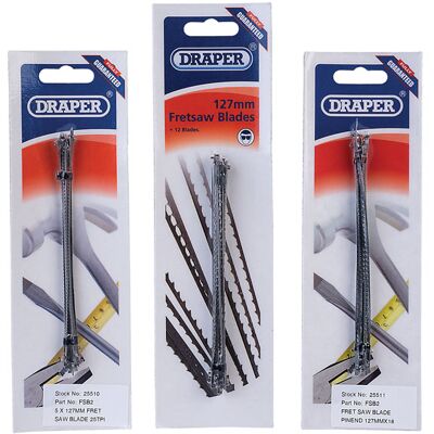 Draper 25510 Fretsaw Blades Pin End 127mm 25TPI (Pack of 12) Draper 25510 Fretsaw Blades Pin End 127mm 25TPI (Pack of 12)