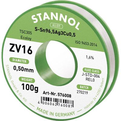 Stannol ZV16 Solder Wire - Halogen-Free, 0.5mm, 100g Stannol ZV16 Solder Wire - Halogen-Free, 0.5mm, 100g