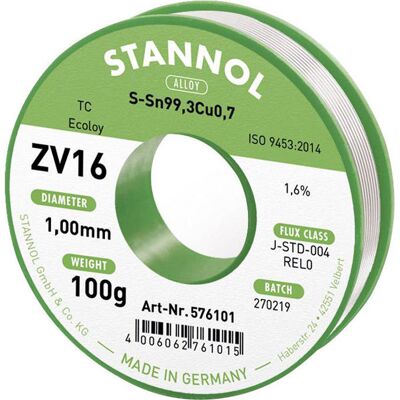 Stannol ZV16 Lead-Free Solder Wire - Electronic Component - 100g Stannol ZV16 Lead-Free Solder Wire - Electronic Component - 100g