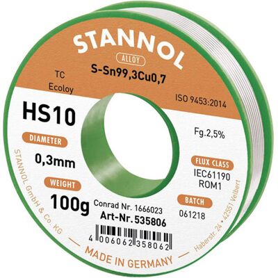 Stannol HS10 2.5% 0.3MM Sn99.3Cu0.7 - Solder Wire Stannol HS10 2.5% 0.3MM Sn99.3Cu0.7 - Solder Wire