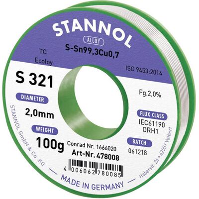 Stannol S321 Lead-Free Solder Wire - 2mm, 100g, Sn99.3Cu0.7 Stannol S321 Lead-Free Solder Wire - 2mm, 100g, Sn99.3Cu0.7