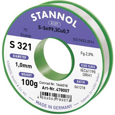 Stannol S321 Lead-Free Solder Wire - 100g, 1mm, Sn99.3Cu0.7 Stannol S321 Lead-Free Solder Wire - 100g, 1mm, Sn99.3Cu0.7