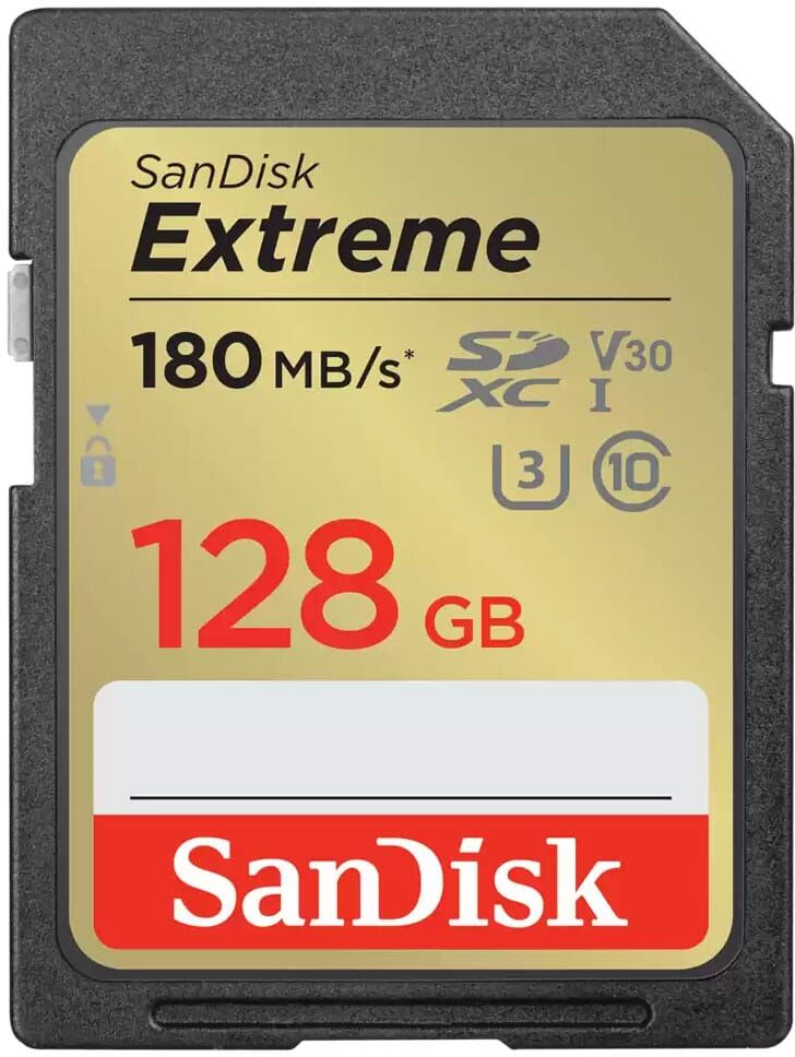 Sandisk Extreme SDXC card 180MBs UHSI U3 V30 128GB