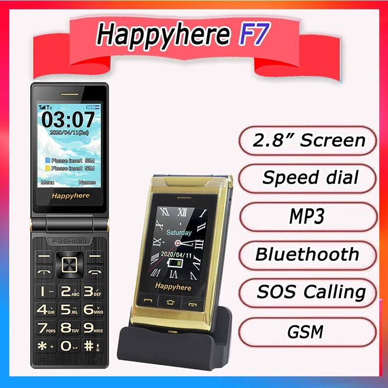 Happyhere F7 flip cell phones 3.0" touch screen unlocked celular speed dial SOS FM radio senior Push-button  mobile phone