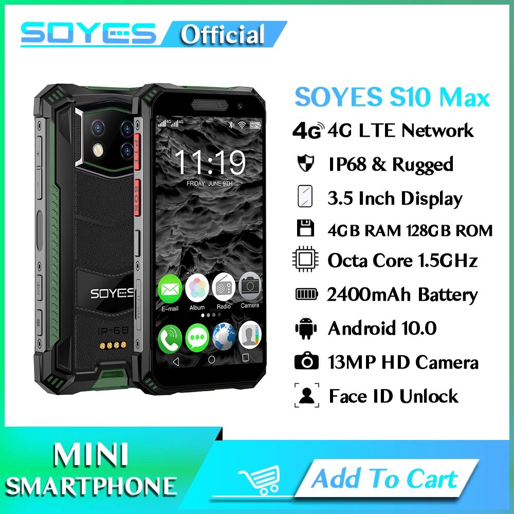 SOYES S10 Max Mini Rugged Smartphone Android 10 Octa Core 4GB RAM 128GB ROM IP68 Fingerprint Face ID Unlock PTT Mobile Phone