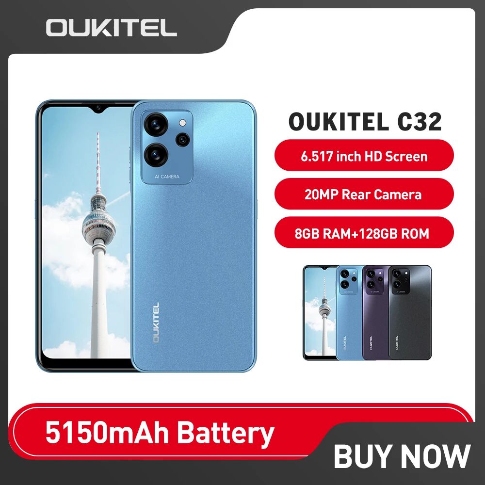 Oukitel C32 Smartphone 4G Dual SIM 8GB +128GB 5150mAh Battery Mobile Phone 6.517" 20MP Camera Cell Phone