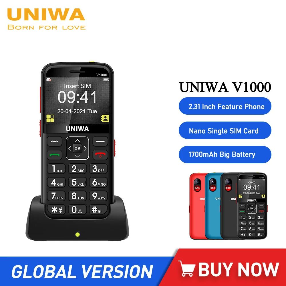UNIWA V1000 4G Feature Phones Strong Torch Big Button Long Time Standby 2.31Inch 0.3MP Camera Cellphone English Russian Keyboard