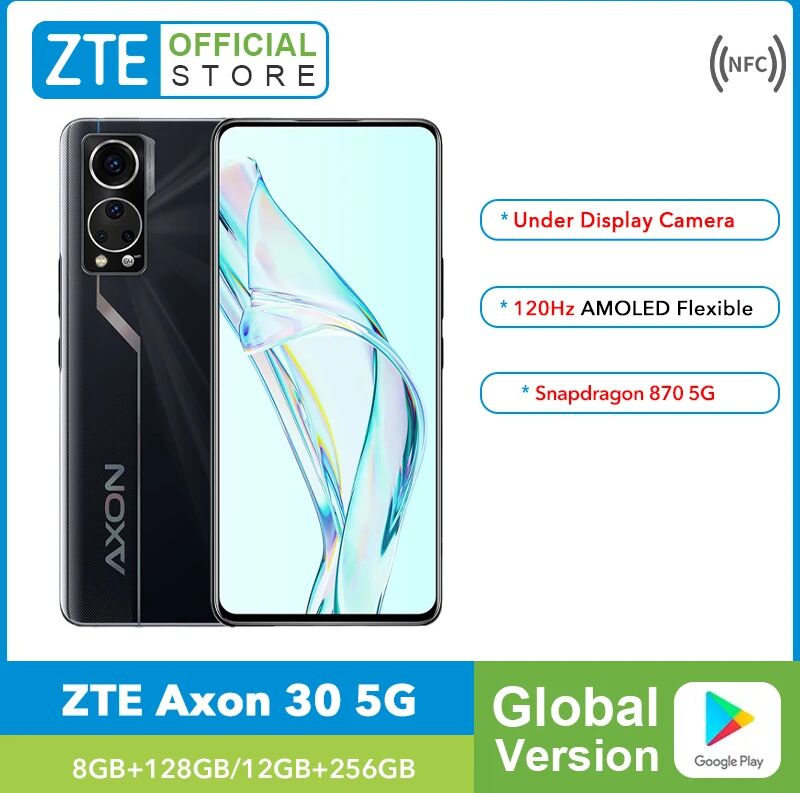 Global Version ZTE Axon 30 5G Smartphone Under-screen Camera 6.92'' 120Hz AMOLED Display Snapdragon 870 Octa Core 65W Charge NFC