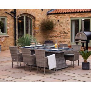 6 Seater Rattan Garden Dining Set With Round Table in Grey With Fire Pit - Cambridge - Rattan Direct 6 Seater Rattan Garden Dining Set With Round Table in Grey With Fire Pit - Cambridge - Rattan Direct