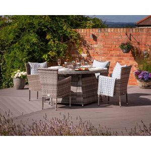 4 Seat Rattan Garden Dining Set With Round Table in Grey With Fire Pit - Cambridge - Rattan Direct 4 Seat Rattan Garden Dining Set With Round Table in Grey With Fire Pit - Cambridge - Rattan Direct