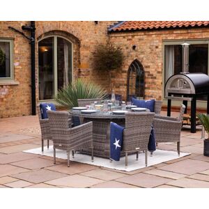6 Seat Rattan Garden Dining Set With Round Table in Grey With Fire Pit - Cambridge - Rattan Direct 6 Seat Rattan Garden Dining Set With Round Table in Grey With Fire Pit - Cambridge - Rattan Direct