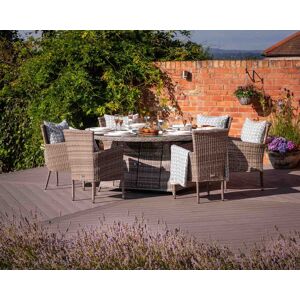 6 Seat Rattan Garden Dining Set With Large Round Table in Grey With Fire Pit - Cambridge - Rattan Direct 6 Seat Rattan Garden Dining Set With Large Round Table in Grey With Fire Pit - Cambridge - Rattan Direct