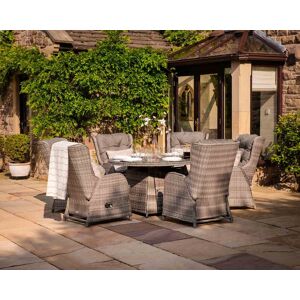 6 Reclining Rattan Garden Chairs & Round Fire Pit Dining Table in Grey - Fiji - Rattan Direct 6 Reclining Rattan Garden Chairs & Round Fire Pit Dining Table in Grey - Fiji - Rattan Direct