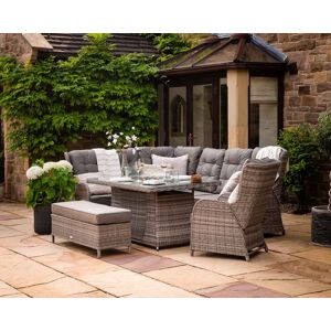 Reclining Rattan Corner Sofa Set with Rectangular Fire Pit Dining Table in Grey - Fiji - Rattan Direct Reclining Rattan Corner Sofa Set with Rectangular Fire Pit Dining Table in Grey - Fiji - Rattan Direct