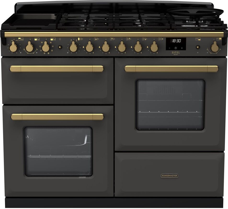 Rangemaster ESDLO110DFPSLT/AB1 Estel Deluxe OC 110cm Dual Fuel Range Cooker With Antique Brass Trim 18103 - SLATE