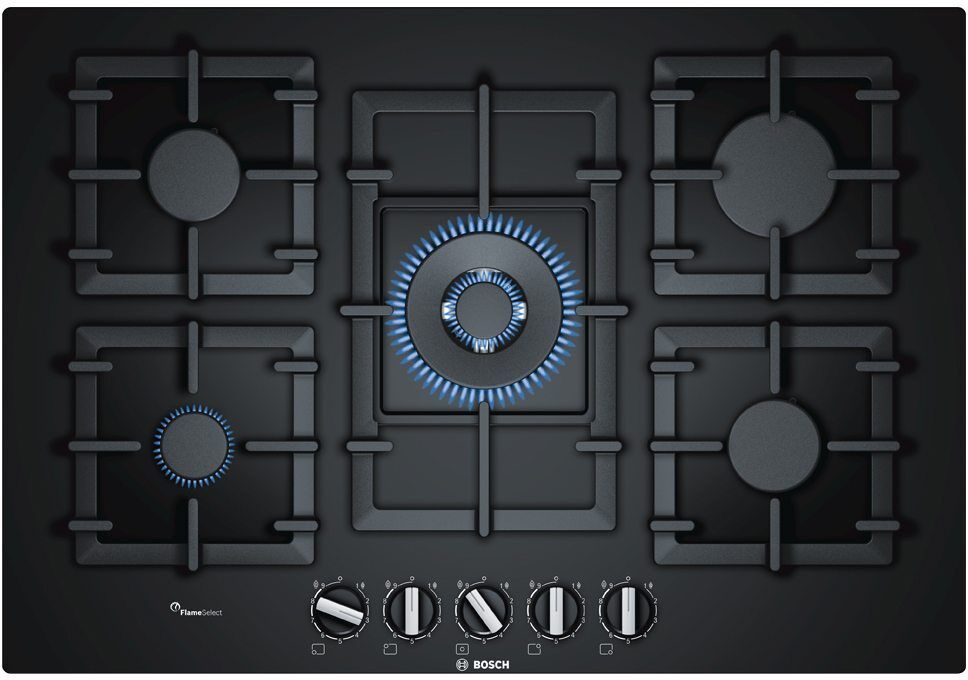 Bosch PPQ7A6B90 Series 6 75cm Frameless FlameSelect Gas On Glass Hob - BLACK