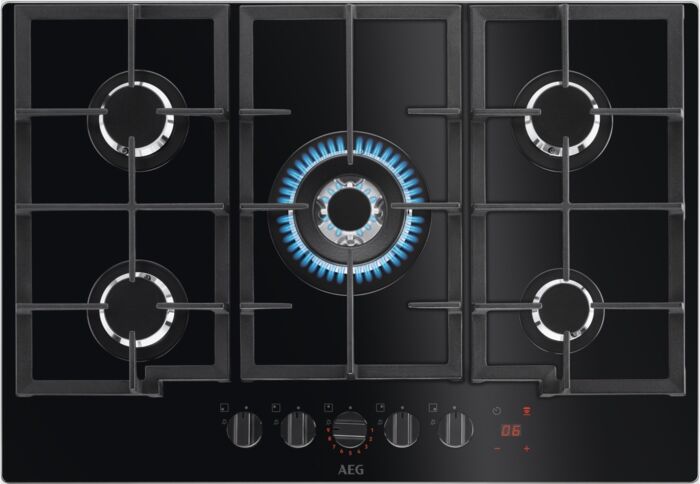 AEG HKB75450NB 74cm 5 Burner Hob2Hood FlameLight Gas On Glass Hob - BLACK