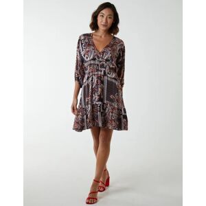 Blue Vanilla Paisley Wrap Front Pleated Kimono Sleeve Dress - 12 / BLACK PATTERN - female