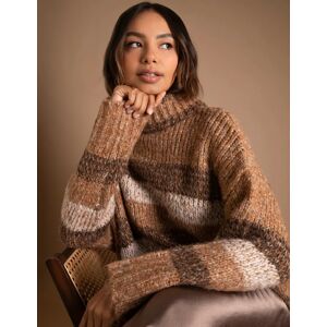 Blue Vanilla Stripe Chunky Knit Funnel Neck Jumper - S/M / LIGHT BROWN - female