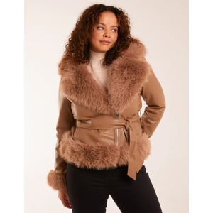 Blue Vanilla Faux Fur Cropped Leather Look Jacket - 16 / LIGHT BROWN - female