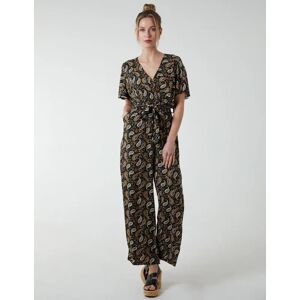 Blue Vanilla Paisley Floral Tie Waist Jumpsuit - L / BLACK - female