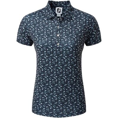 FootJoy Ladies Floral Print Lisle Golf Polo Shirt - Navy/White - Golf Polo FootJoy Ladies Floral Print Lisle Golf Polo Shirt - Navy/White - Golf Polo