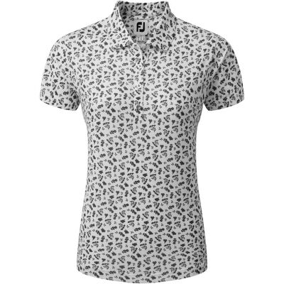 FootJoy Ladies Floral Print Lisle Golf Polo Shirt - White/Black FootJoy Ladies Floral Print Lisle Golf Polo Shirt - White/Black