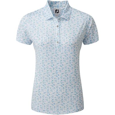 FootJoy Ladies Floral Print Lisle Golf Polo Shirt - White/Blue FootJoy Ladies Floral Print Lisle Golf Polo Shirt - White/Blue